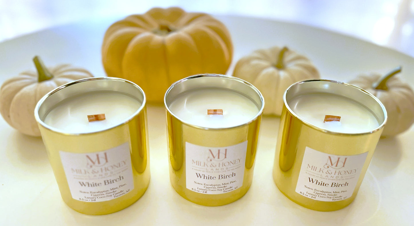 White Birch Luxury 8.5 Candle in Gold Vessel