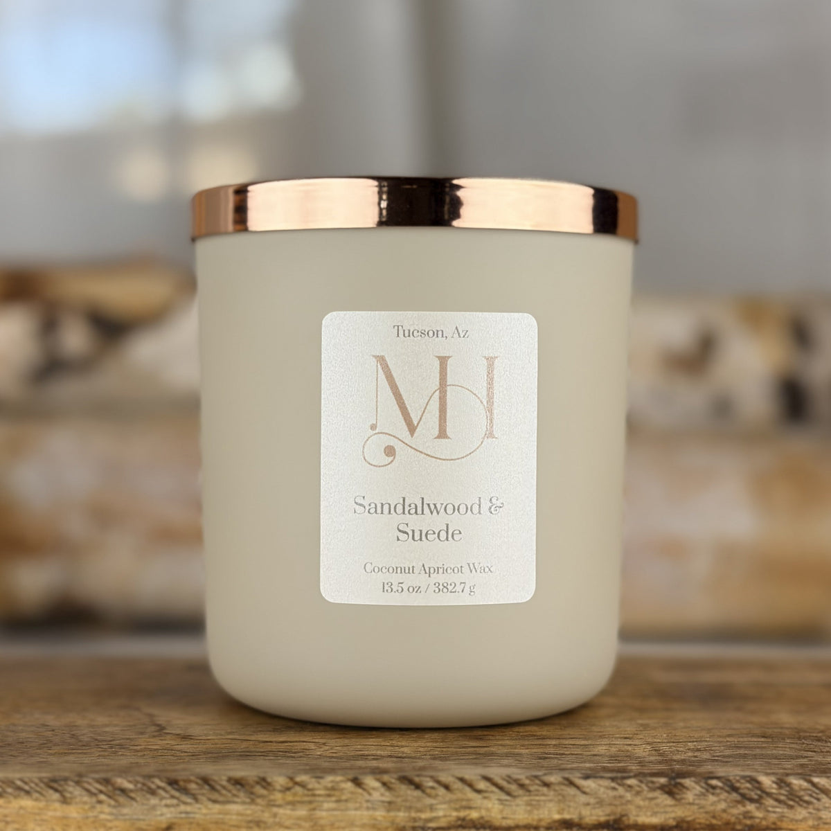 Sandalwood & Suede Luxury Candle | Matte Stone Vessel | 13.5oz Double-Wick