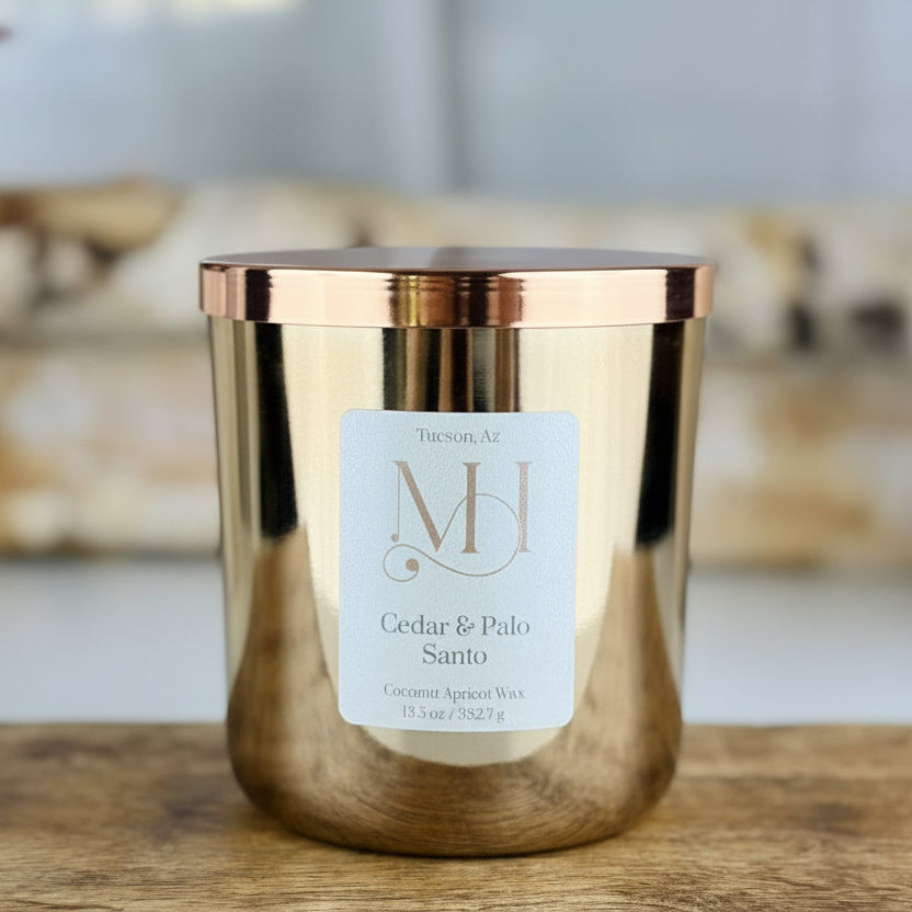 Cedar & Palo Santo Luxury Candle | Champagne Metal Vessel | 13.5oz Double-Wick
