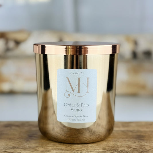 Cedar & Palo Santo Luxury Candle | Champagne Metal Vessel | 13.5oz Double-Wick