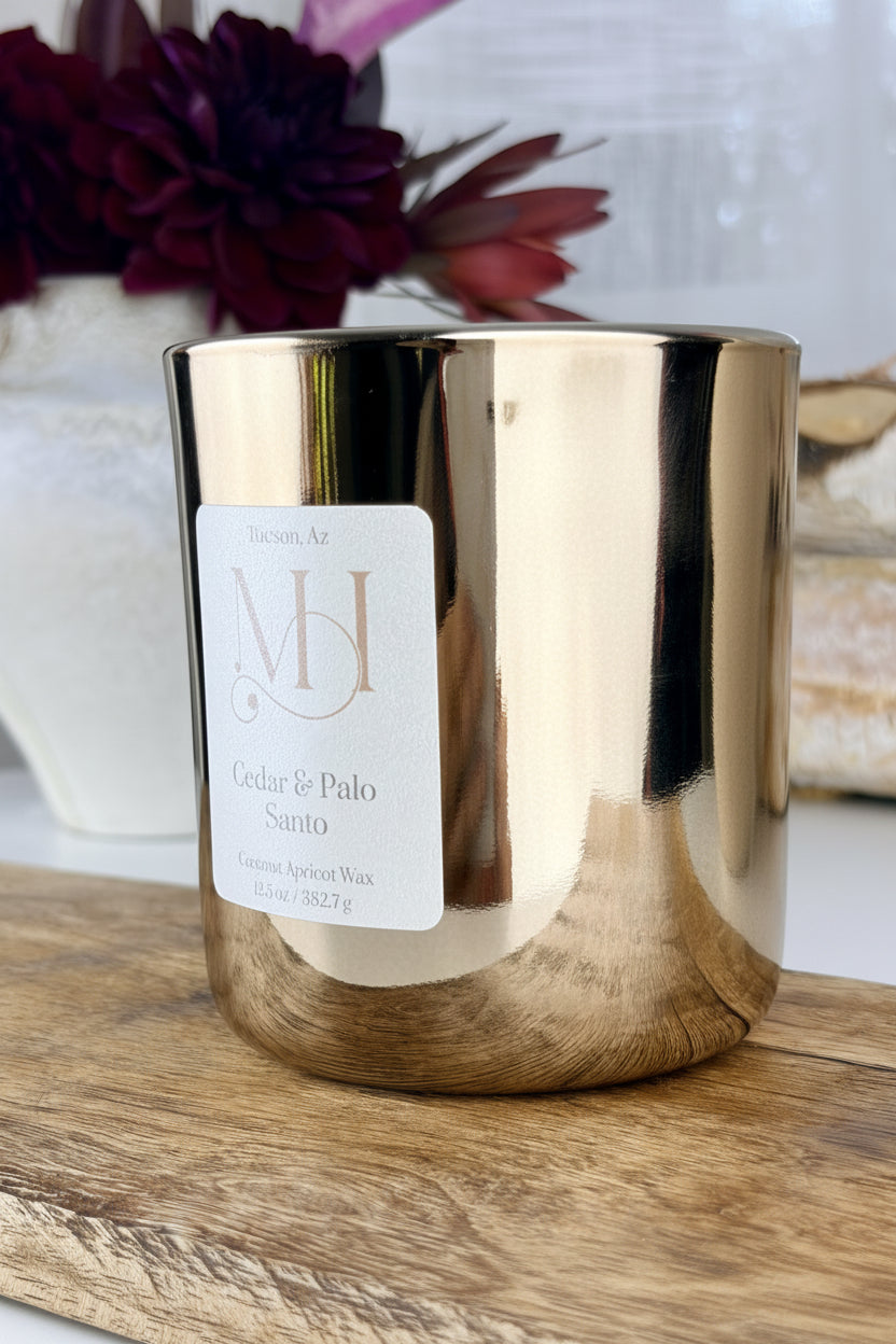 Cedar & Palo Santo Luxury Candle | Champagne Metal Vessel | 13.5oz Double-Wick