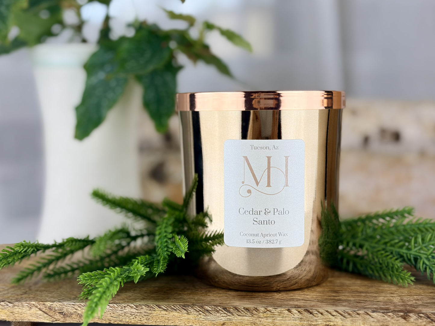 Cedar & Palo Santo Luxury Candle | Champagne Metal Vessel | 13.5oz Double-Wick