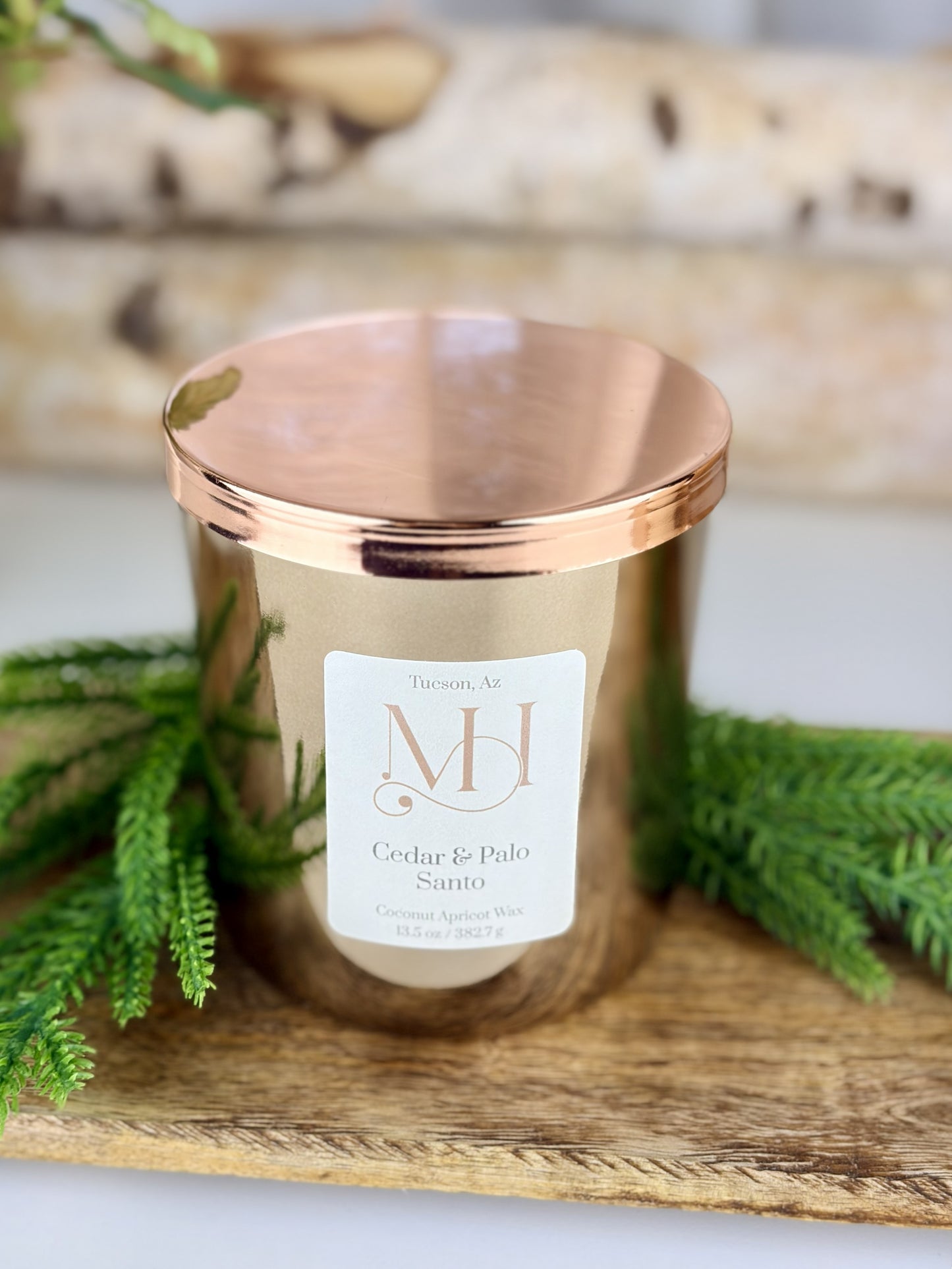 Cedar & Palo Santo Luxury Candle | Champagne Metal Vessel | 13.5oz Double-Wick