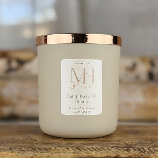 Sandalwood & Suede Luxury Candle | Matte Stone Vessel | 13.5oz Double-Wick