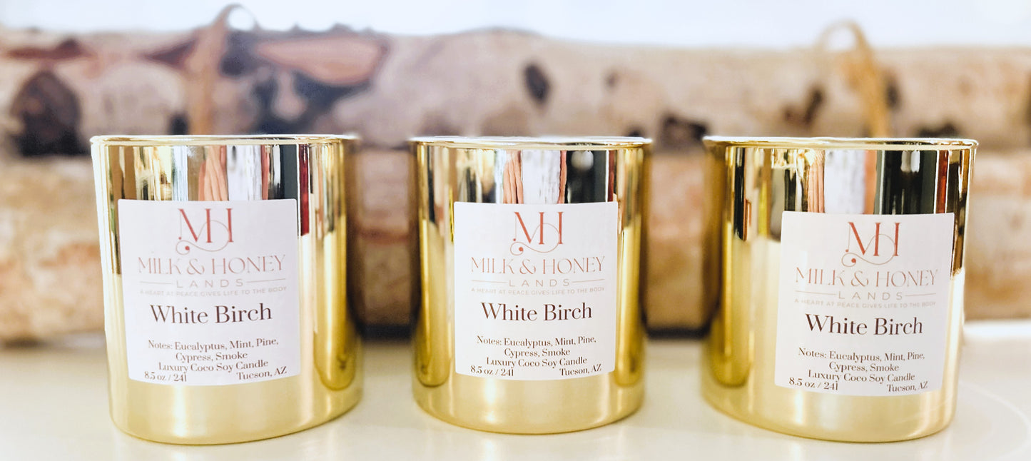 White Birch Luxury 8.5 Candle in Gold Vessel